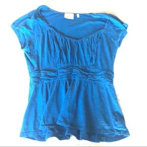 Deletta Bright Blue Ruffle Peplum Short Sleeved Summer Shirt, M, 100% Cotton